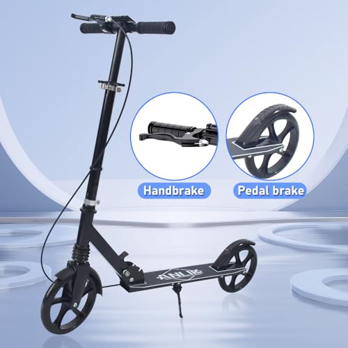Black Dual Brake Kick Scooter with Adjustable Height & Wider Pedals for Kids, Teenagers & Adults