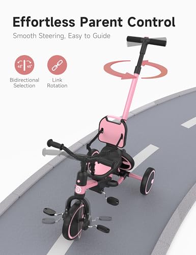 Besrey Pink Toddler Tricycle with Push Handle & 5-in-1 Growth Modes