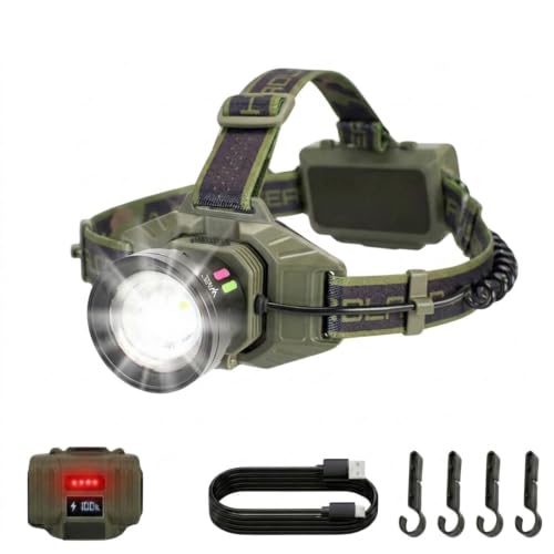Rechargeable 2000-Lumen Headlamp with 6000mAh Battery Pack, Zoomable 180° Tilt IP65