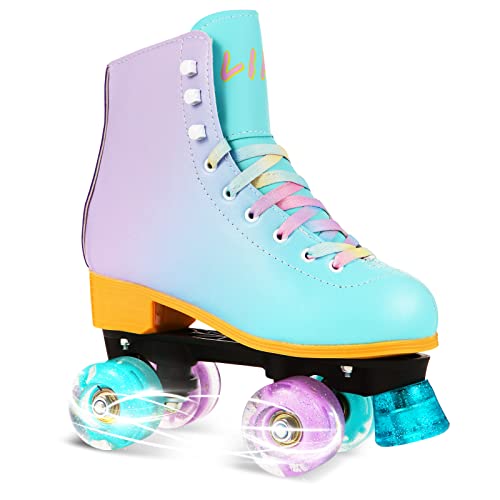 LIKU Purple Quad Roller Skates for Girls & Women, Light-Up All Wheels, Indoor & Outdoor Fun, Size 5-6