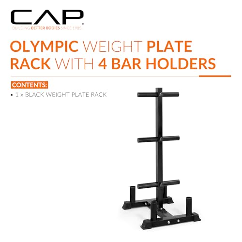 CAP Olympic Bumper Plate Tree Rack with 4 Barbell Holders - Heavy-Duty Steel Black 6-Post