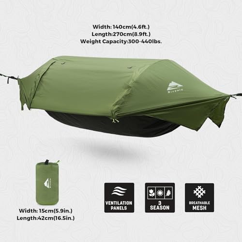 Rivenlo Camping Hammock Tent with Mosquito Net & Rainfly - Dark Green, 3-in-1 Waterproof Portable Sleep System