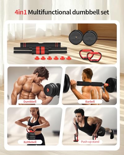 40LBS Adjustable Dumbbell Set with Kettlebell Handle - 4-in-1 Home Gym Equipment, Black