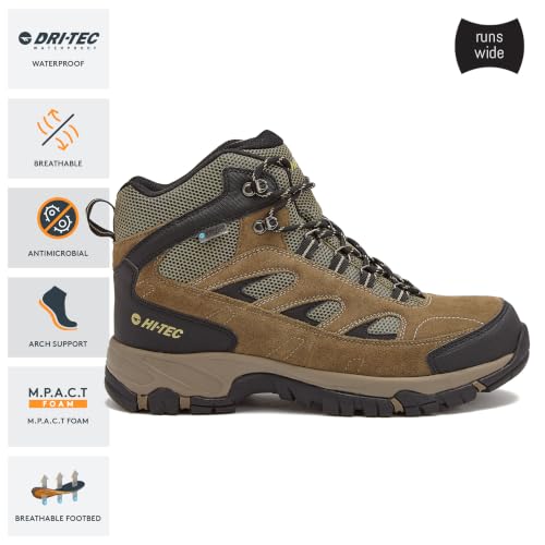 HI-TEC Yosemite WP Mid Waterproof Hiking Boots for Men - Dark Green Olive, Lightweight & Breathable Outdoor Trekking Shoes