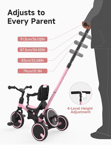 Besrey Pink Toddler Tricycle with Push Handle & 5-in-1 Growth Modes