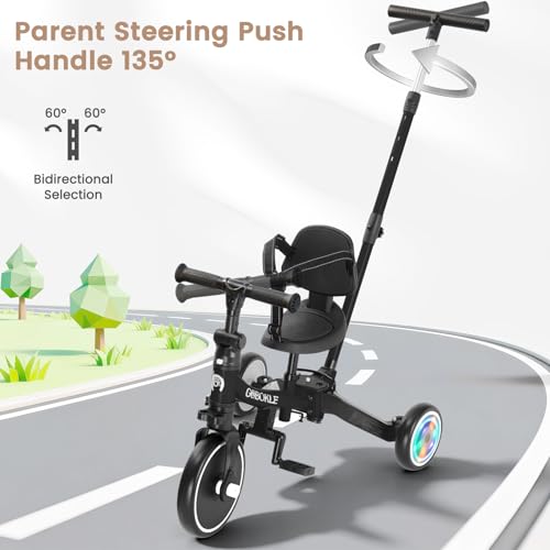 Black 5-in-1 Convertible Toddler Tricycle with Push Handle & Light-Up Wheels
