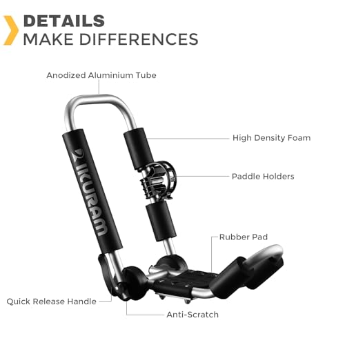 IKURAM R Aluminum Folding J-Style Kayak Roof Rack - Silver, 3-in-1 Universal Fit