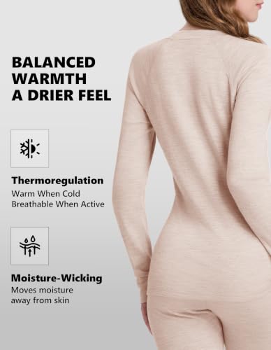 Woolcano Women's Merino Wool Thermals Base Layer Set Large Oatmeal