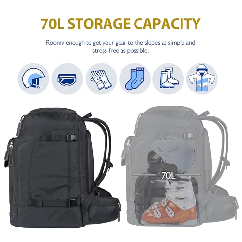 Unigear 70L Ski Boot Bag Backpack with Helmet Goggle Storage - Black