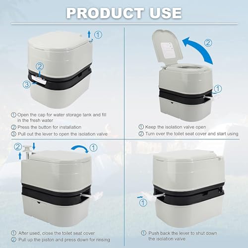 Portable Camping Toilet 6.4 Gallon Flush with Level Indicator & Detachable Handle