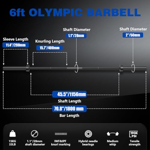 Black 6ft Olympic Barbell Bar 2-inch Standard Straight Weightlifting Bar