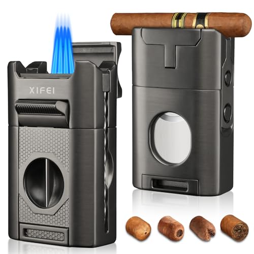 XIFEI 6-in-1 Cigar Lighter with Straight & V-Cut Cutter, Dual Punch & Stand - Gray