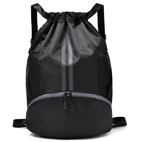 Black Drawstring Gym Bag for Men and Women Waterproof Sport Backpack with Shoes Compartment