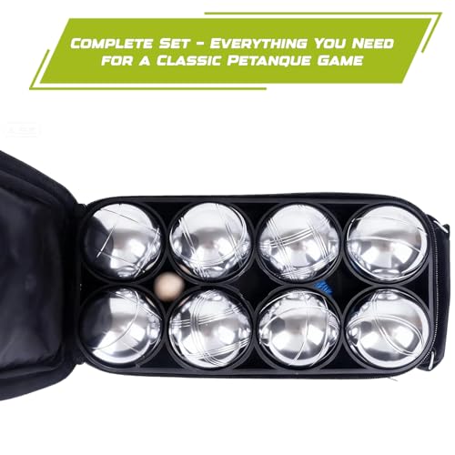 Petanque Game Set with 8 Stainless Steel Balls, Carry Case & Measuring String - Outdoor Lawn & Beach Bocce Ball Set