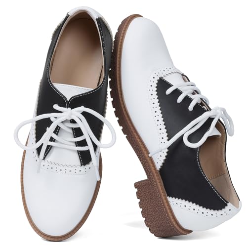 mikarka Vintage 50s Women's Saddle Shoes Black/White Matte 8 Perforated Design