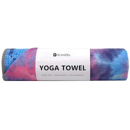 Eunzel Yoga Towel with Grip Dots - 72 x 24 Inch Non-Slip Sweat Absorbent for Hot Yoga & Pilates (Purple & Blue)