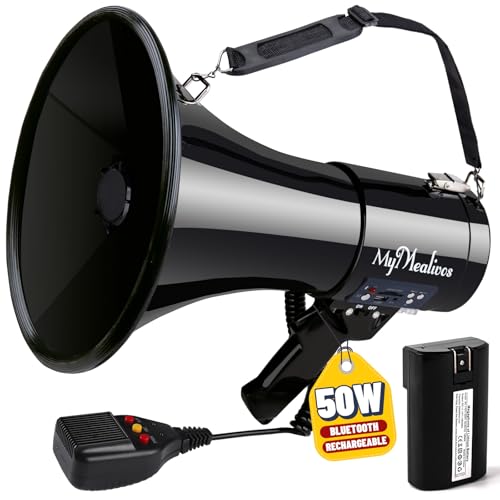 Black 50W Bluetooth Megaphone with Rechargeable Battery, Siren, Recording & 1600ft Range