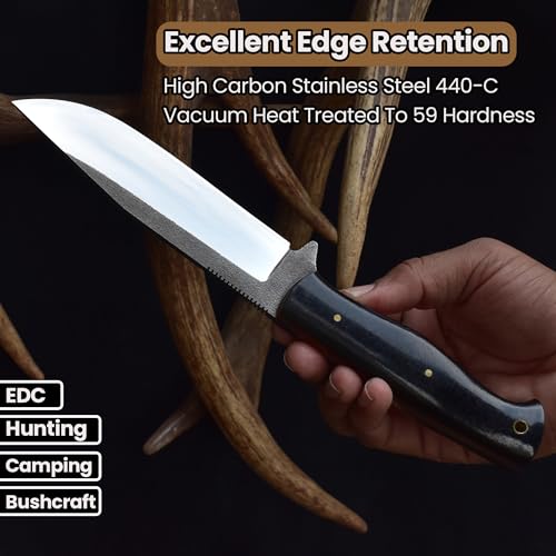 10.5-Inch Full Tang Bushcraft Hunting Knife with Micarta Handle & Leather Sheath