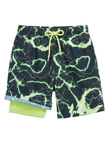 Kids Boys Swim Trunks with Compression Liner Quick Dry Beach Shorts - Black, 13-14 Years