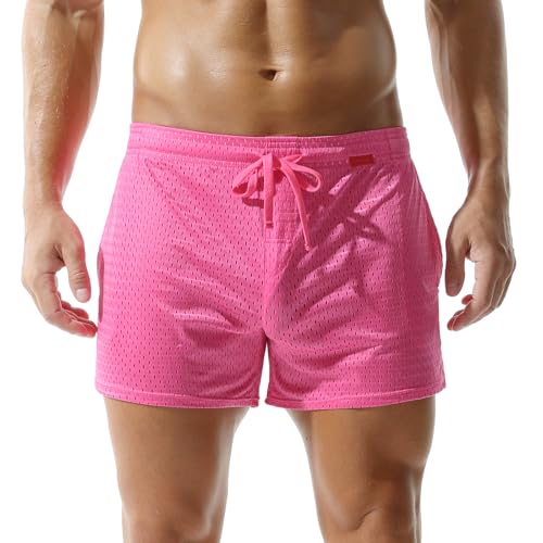 Mens Mesh Workout Shorts Large Rose Red 3 Inch Inseam Athletic Running with Pockets