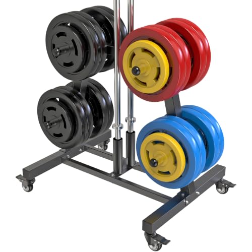 Black Olympic Weight Plate Tree Rack with Wheels - Holds 650 LBS for Home Gym