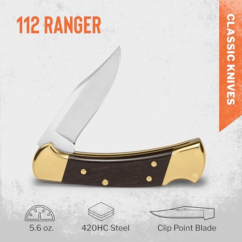 Buck Knives 112 Ranger Hunting Knife with Sheath - Wood & Brass Handle, 3-Inch Blade