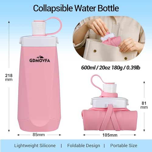 GDMOVFA 20oz Collapsible Silicone Water Bottle, Leak-Proof, BPA-Free Pink