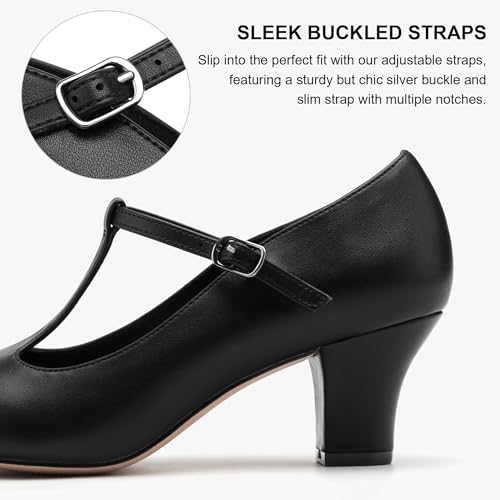 Stelle 2.5 Inch T-Strap Character Shoes for Women - Black, 8