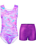 Girls Gymnastics Leotard with Sparkle and Shorts - Pink Purple Snow Dots, 6-7 Years