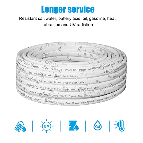Marine Grade 10 Gauge Triplex Boat Cable 50FT Tinned Copper Wire - Waterproof & Corrosion Resistant