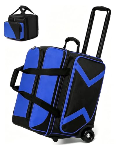 Blue 2+1 Ball Bowling Roller Bag with Wheels & Shoe Compartment - Fits Men & Women