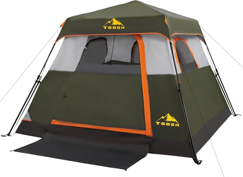 4 Person Army Green Camping Tent with Instant Setup, Waterproof, 8x8 ft, 1 Door & 4 Windows
