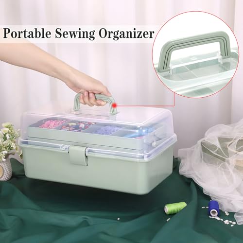 Green 15-Inch Extra Large Art & Craft Storage Box with 3-Layer Folding Trays