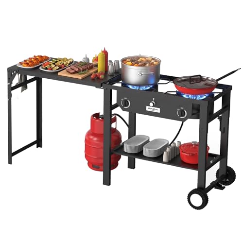 2 Burner Portable Propane Gas Stove with Foldable Workstation & Wheels - 150,000 BTU Outdoor Camping Cooking Equipment