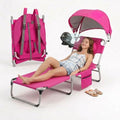 Pink Folding Camping Lounge Chair with Canopy & Fan - Portable Reclining Outdoor Cot with Pillow & Side Pocket