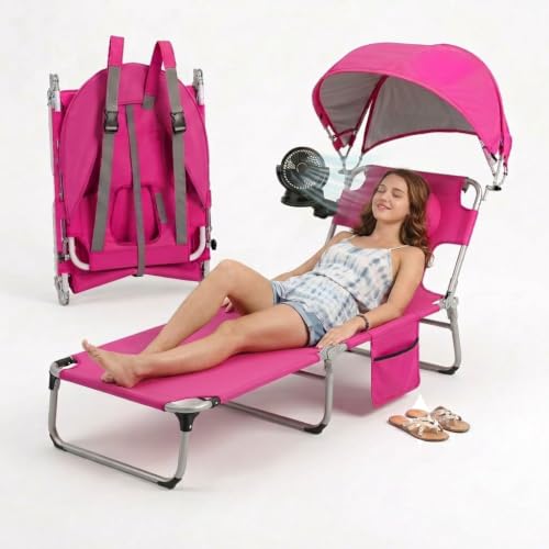 Pink Folding Camping Lounge Chair with Canopy & Fan - Portable Reclining Outdoor Cot with Pillow & Side Pocket