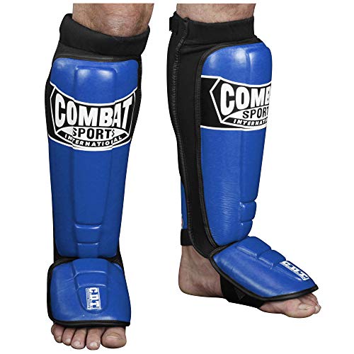 Blue Pro-Style MMA Shin Guards with Leather Striking Surface - Large