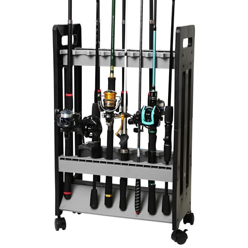 Gray Fishing Rod Holder on Wheels - Fits Up to 16 Rods & Gear Storage