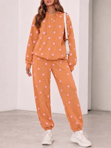 Fisoew Women's Polka Dot 2 Piece Set Large Brown Long Sleeve Hooded Top & Jogger Pants