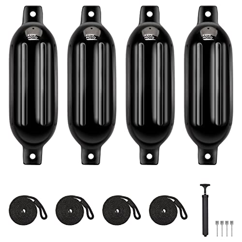 KEMIMOTO Black 5.5x20-Inch Inflatable Boat Fenders Bumpers - 4 Pack for Docking, Pontoon & Bass Boats
