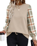 OFEEFAN Women's Color Block Crewneck Sweatshirt Large - Plaid Fall Top