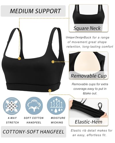Running Girl Sports Bras for Women, Square Neck Strappy Medium Support Black Medium
