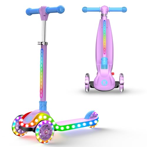 Kids Foldable 3-Wheel Scooter with LED Lights - Purple, Adjustable & Safe Ride