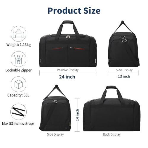 Large 24 Inch Gym Duffle Bag with Shoes Compartment - 65L Black - Versatile Sports Travel Bag
