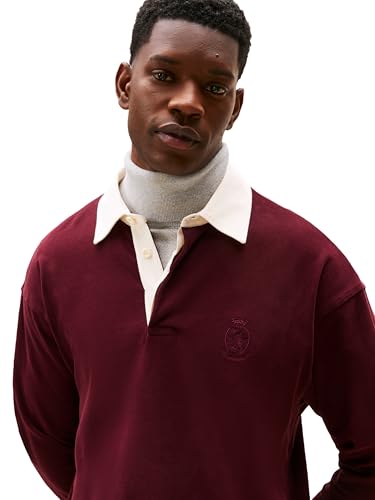 Tommy Hilfiger Men's Medium Weight Rugby Pullover with Embroidered Crest - Deep Burgundy