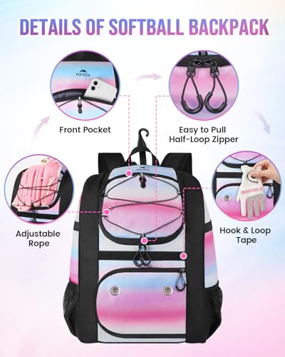 Pink Softball Bag with Shoe Compartment - Lightweight Baseball Backpack for Girls