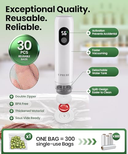 UPRUBE White Compact Food Vacuum Sealer with Drainage Tube & 30 Bags