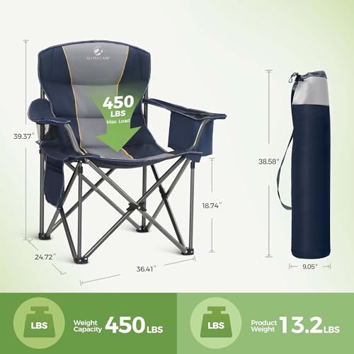 Navy Blue Oversized Folding Camping Chair with Cooler Bag & Cup Holder - Heavy Duty 450 lbs