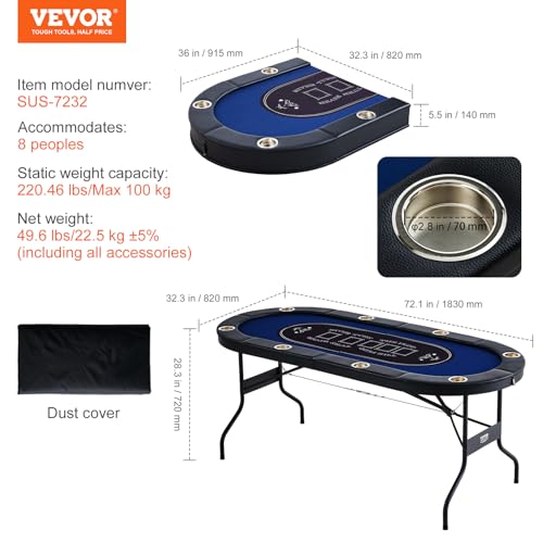 VEVOR 8-Player Foldable Poker Table 72in Casino Card Game Table with Cup Holders