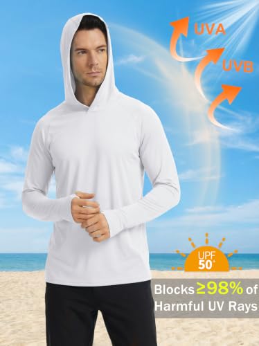 Men's UPF 50+ Sun Protection Hoodie Shirt Long Sleeve Rash Guard - Medium White
